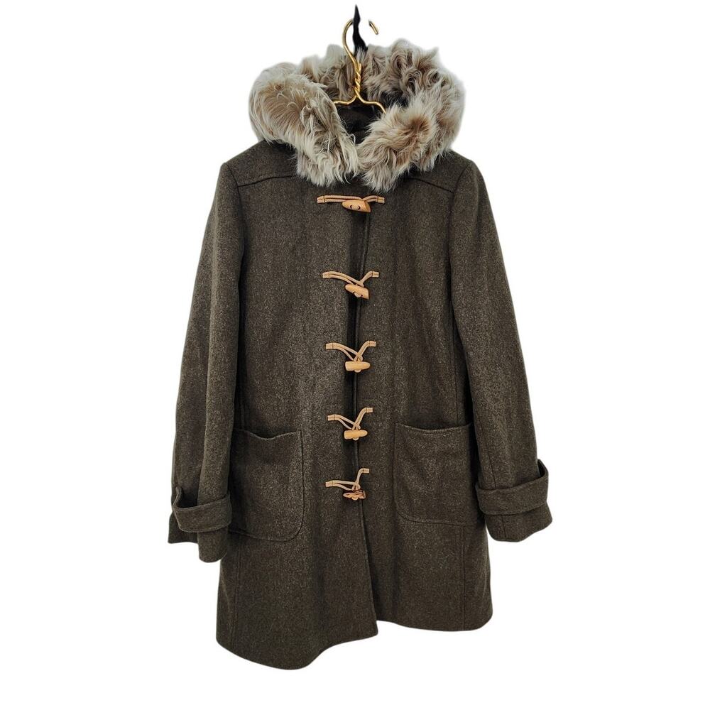 Vintage J Crew Wool Toggle Button Fur Trim Jacket Est Size Medium Large Green